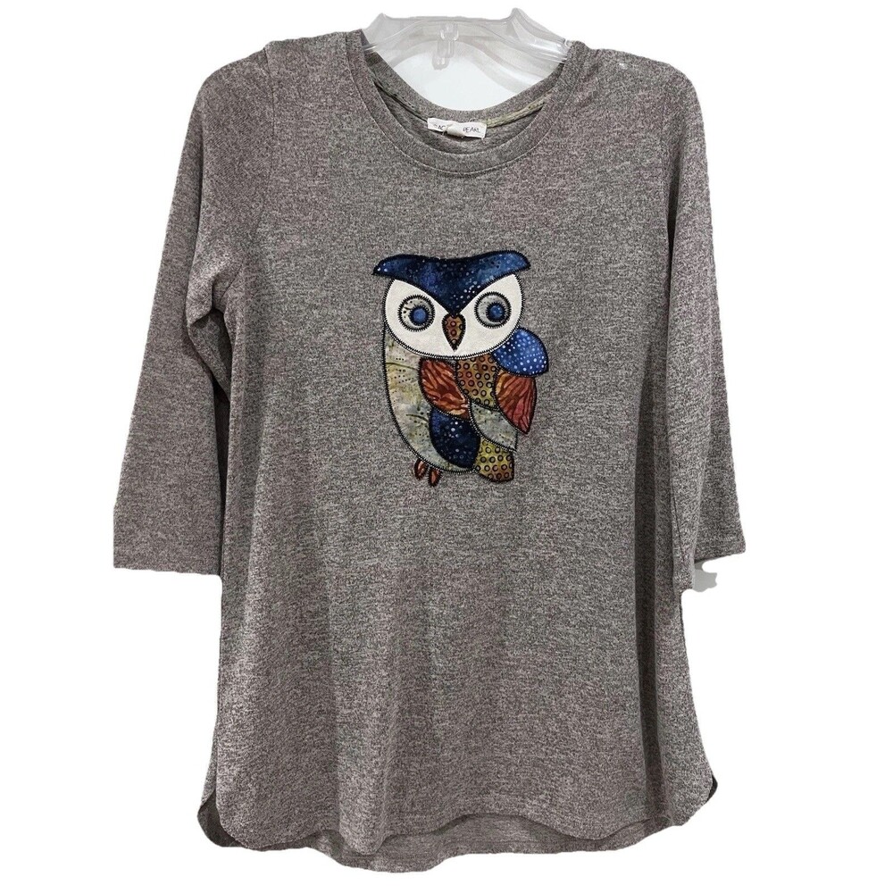 Cactus + Pearl Sz M Tan Knit Top Tunic 3/4 Sleeve Tan Mosaic Owl